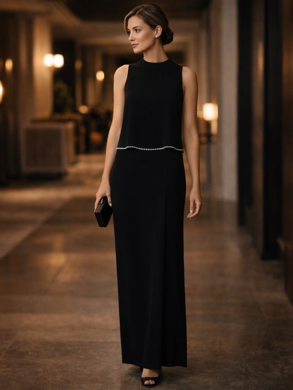 Jones New York Black Rhinestone Scallop Evening Maxi Dress 6